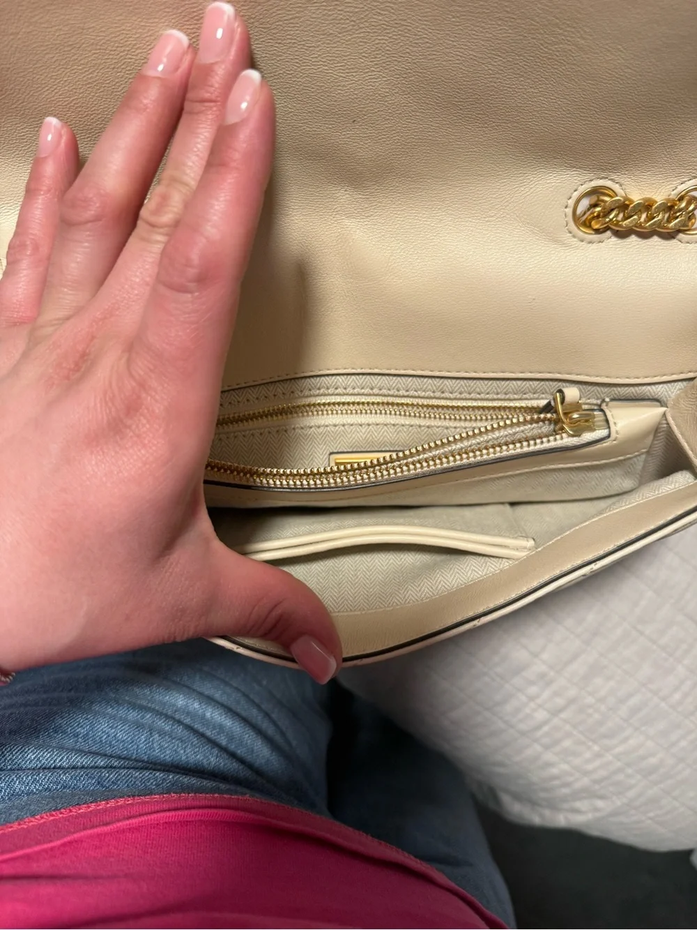 Tory Burch Cream Quilted Shoulder Bag with Gold Hardware